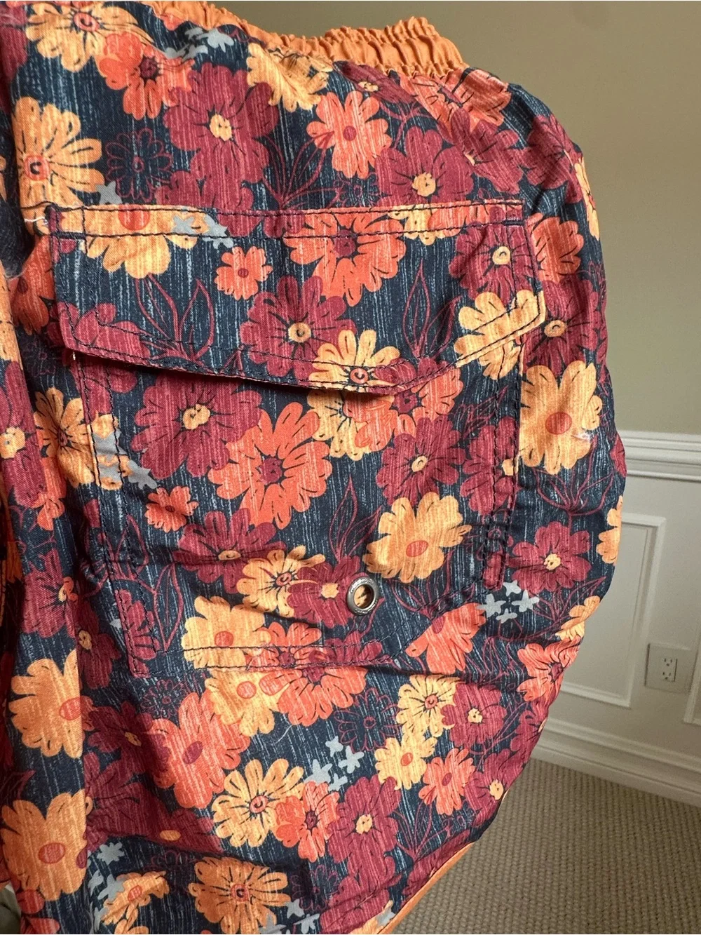 Men's Orange Floral Swim Trunks with Contrast Trim